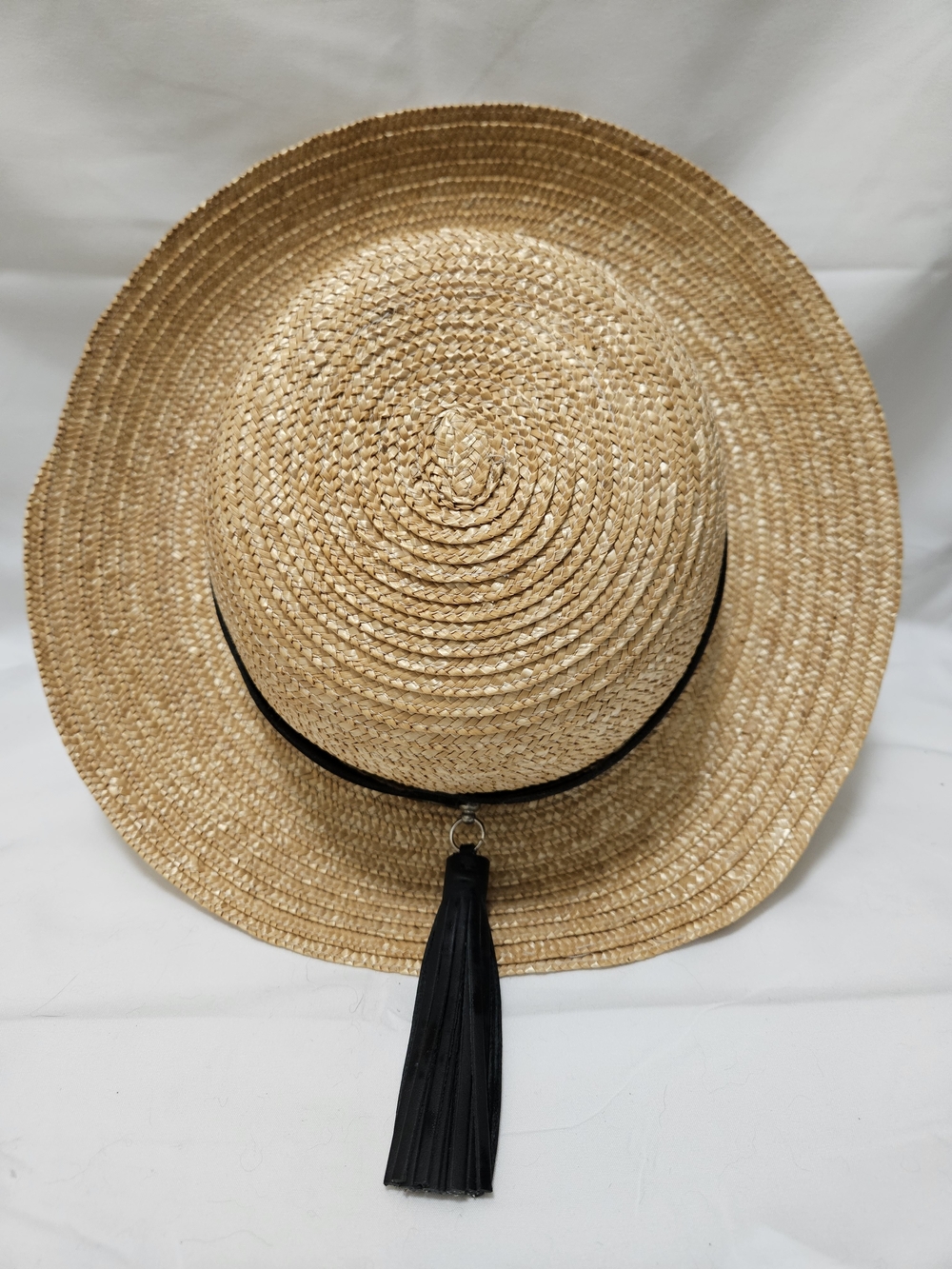 Straw Hat with Black Leather Tassel Trim